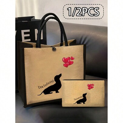 1pc Or 1set Linen Dachshund Dog Letter Handbag,Dachshund Dog Decor Shoulder Bag And A Matching Small Bag,Dachshund Dog Print Linen Tote Bag,Book Tote | SHEIN