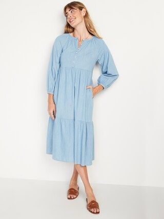 Long-Sleeve Tiered Chambray Midi Swing Dress for Women | Old Navy (US)