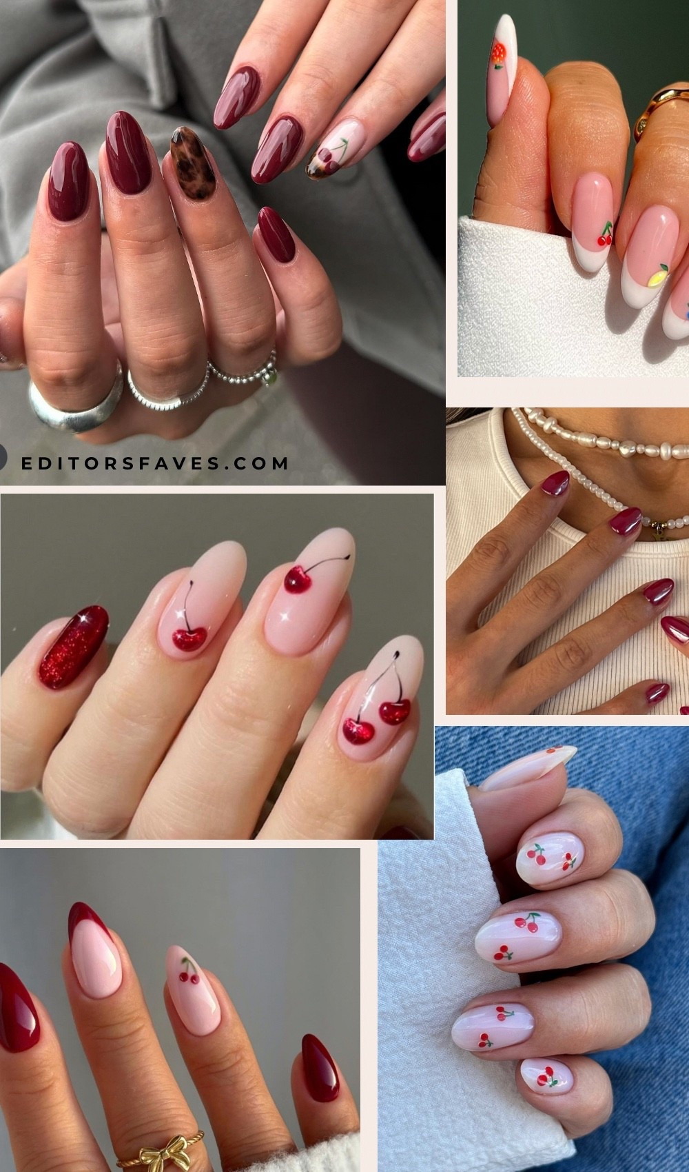 Cherry nails are trending this season. 

This guide to cherry nails breaks down the best cherry nails of the season, from micro cherry French tips to negative space stems, from chrome cherry red to jelly red nails. Plus shade advice for cool and warm undertones and salon scripts that actually get you hand-painted art.

You’ll discover 3D cherry charms, glazed cherry donut finishes, kawaii cartoon cherries, and even a moody black cherry moment for the mysterious girls. Your cherry nails manicure will photograph like a dream and your DMs will ask for the color.  #rednails #cherrynails #nailtrends

#LTKBeauty #LTKSaleAlert #LTKStyleTip