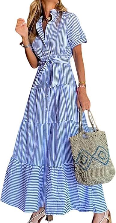 utcoco Womens Casual Short Sleeve Button Down Tie Waist Ruffled Striped Maxi Shirt Dress | Amazon (US)