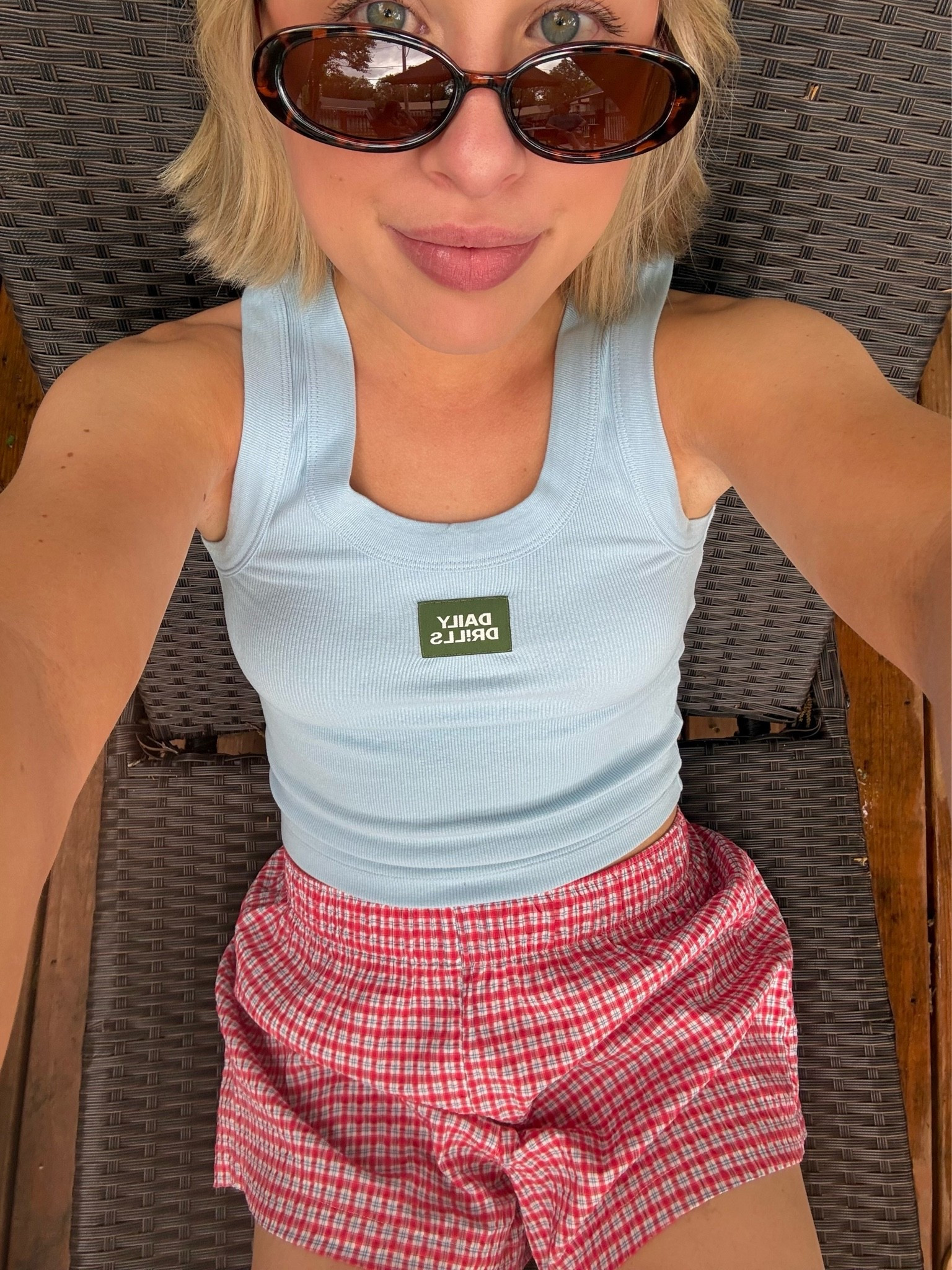 My Daily Drills tank is sold out. Linked a similar light blue tank
Old Navy seersucker boxer shorts in size S 
Oval tortoise sunglasses

#LTKdayinmylife #LTKootd