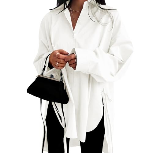 VNIRA Oversized Button Down Shirts for Women Long Sleeve Shirt Dress V Neck Split Sexy High Low Blouse with Straps White | Amazon (US)