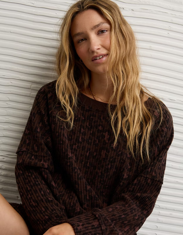 AE Big Hug Off-The-Shoulder Waffle Sweatshirt | American Eagle Outfitters (US & CA)