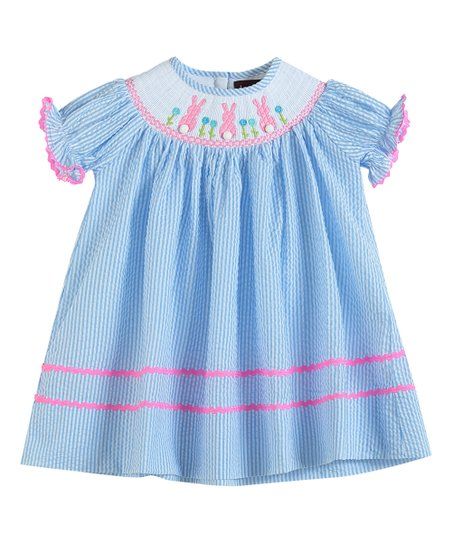 Light Blue Seersucker Easter Bunny Smocked Bishop Dress - Toddler & Girls | Zulily