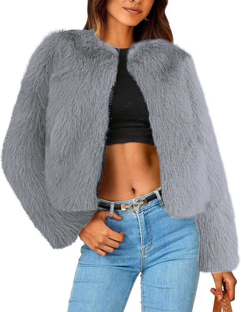 Simplee Women's Faux Fur Coat Furry Cropped Jacket Long Sleeve Warm Open Front Fur Jackets | Amazon (US)