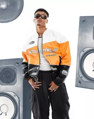 ASOS DESIGN oversized leather look motocross bomber jacket in orange | ASOS (Global)
