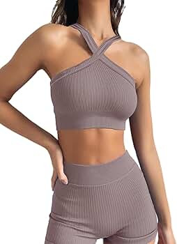 Womens Workout Sets 2 Piece Pack Seamless Ribbed Sports Bra Matching Gym Biker Shorts Set | Amazon (US)