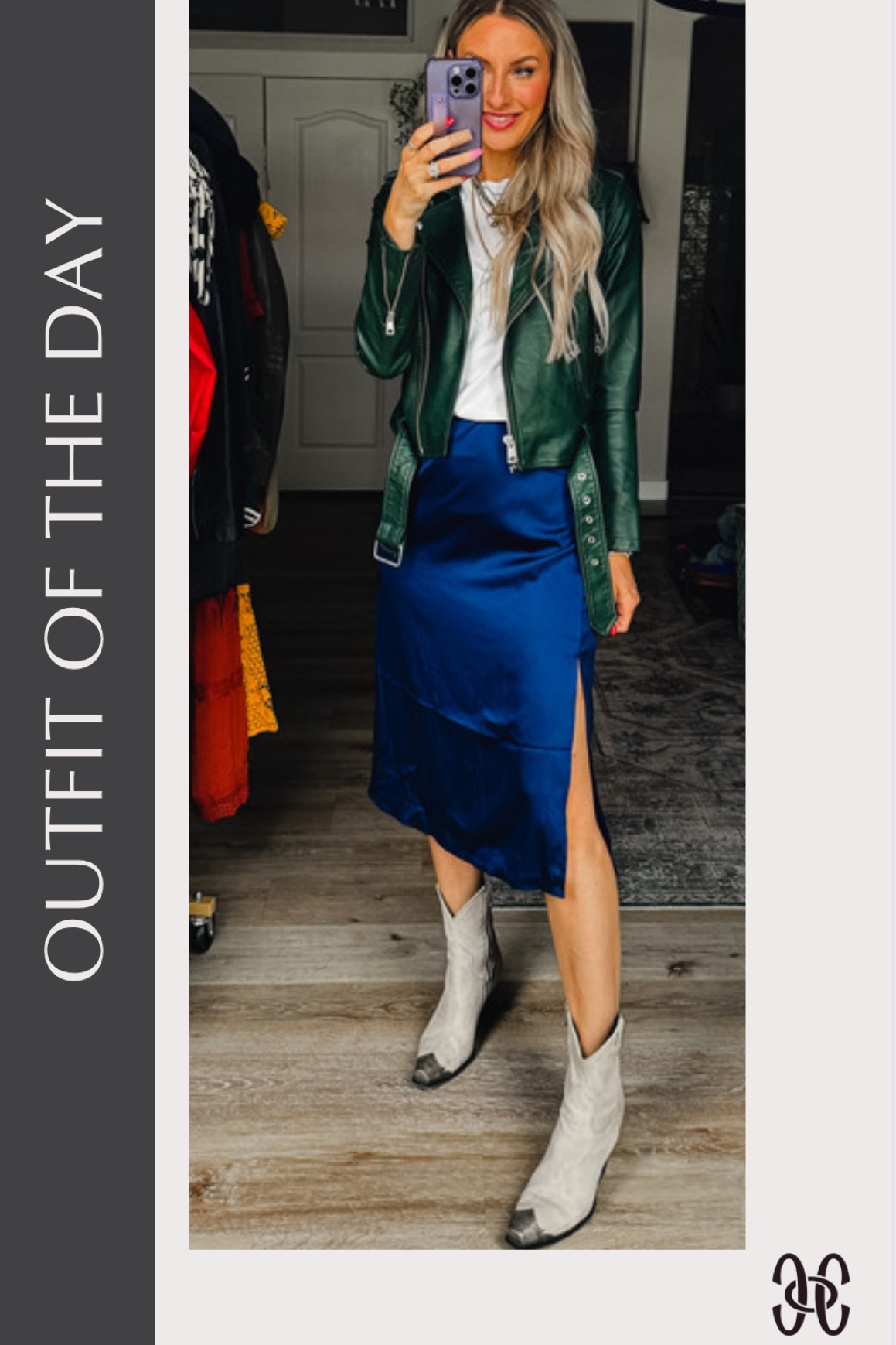 HOC Winter look! My pine green jacket is sold out in all sizes but I linked the dark emerald version. - it’s the exact same style, just lighter. The skirt is actually a slip dress. I used the tuck belts to keep my tee looking neat and “tucked in.” #wardrobehack