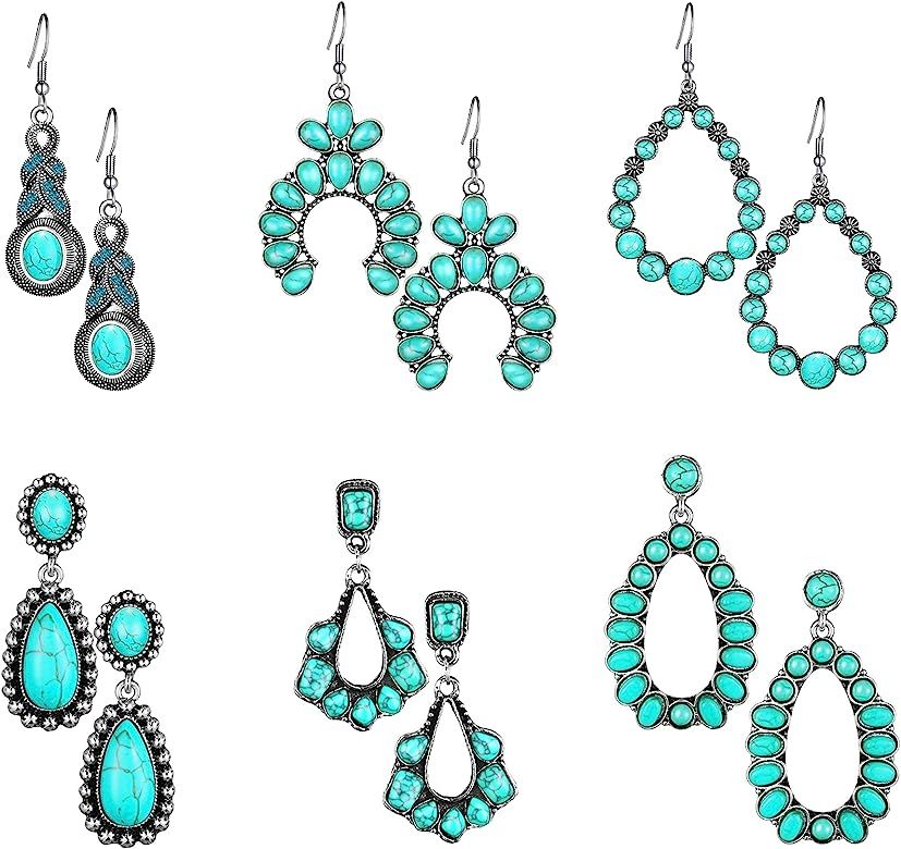 6 Pairs Turquoise Statement Earrings Turquoise Bohemian Dangle Metal Earrings Teardrop Western Earri | Amazon (US)
