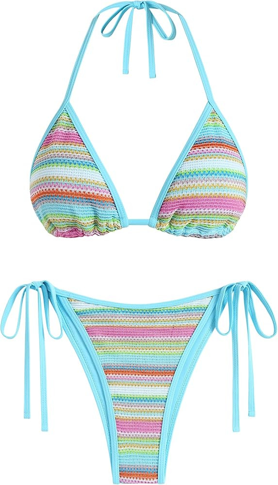 ZAFUL Women's Colorblock Stripes Triangle Halter Tied Cheeky Thong Bikini Set High Cut Two Piece ... | Amazon (US)