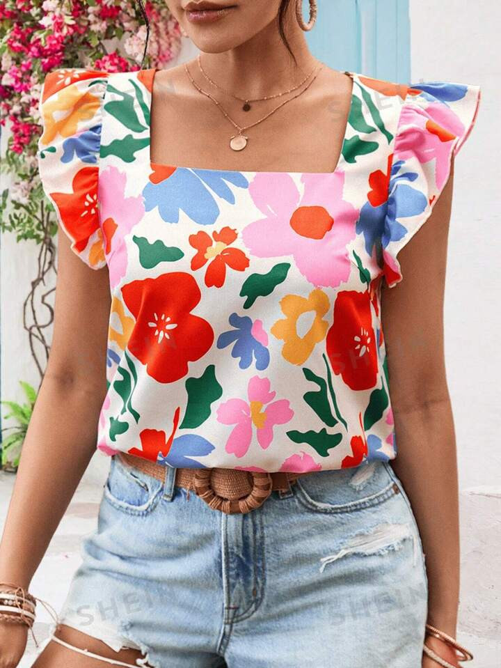 SHEIN VCAY Holiday Style Regular Round Neck Women's Blouse With Woven Printed Cap Sleeves | SHEIN... | SHEIN
