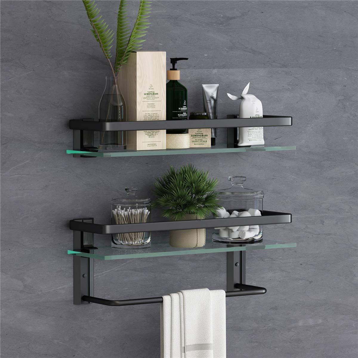 VOLPONE Glass Bathroom Shelf with Towel Bar 15.7in Bathroom Wall Shelves Rustproof Metal Bathroom... | Amazon (US)