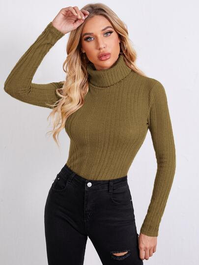 SHEIN Rolled Neck Rib-knit Tee | SHEIN