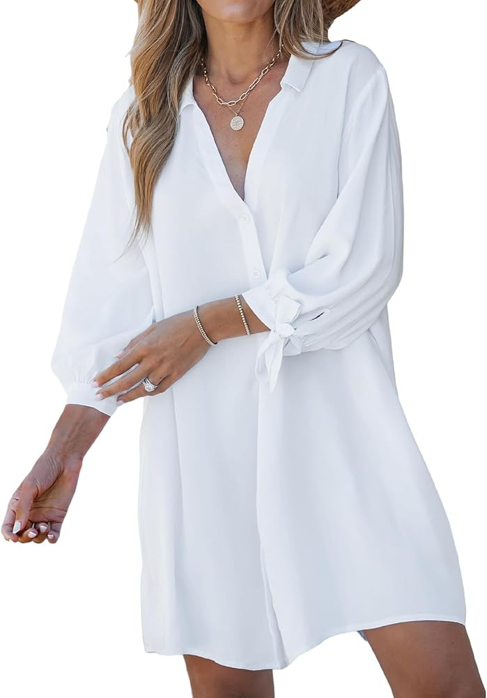 CUPSHE Women Floral Shirt Dress Mini Dress Beach Dress 3/4 Sleeve Button Down Midi Length Dress | Amazon (US)