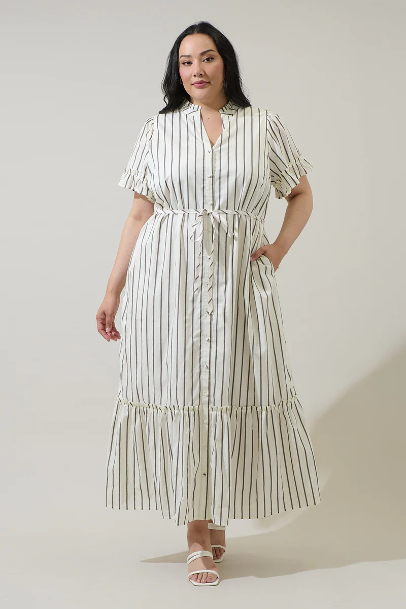 Kamara Striped Alna Button Up Midi Dress Curve | Sugarlips