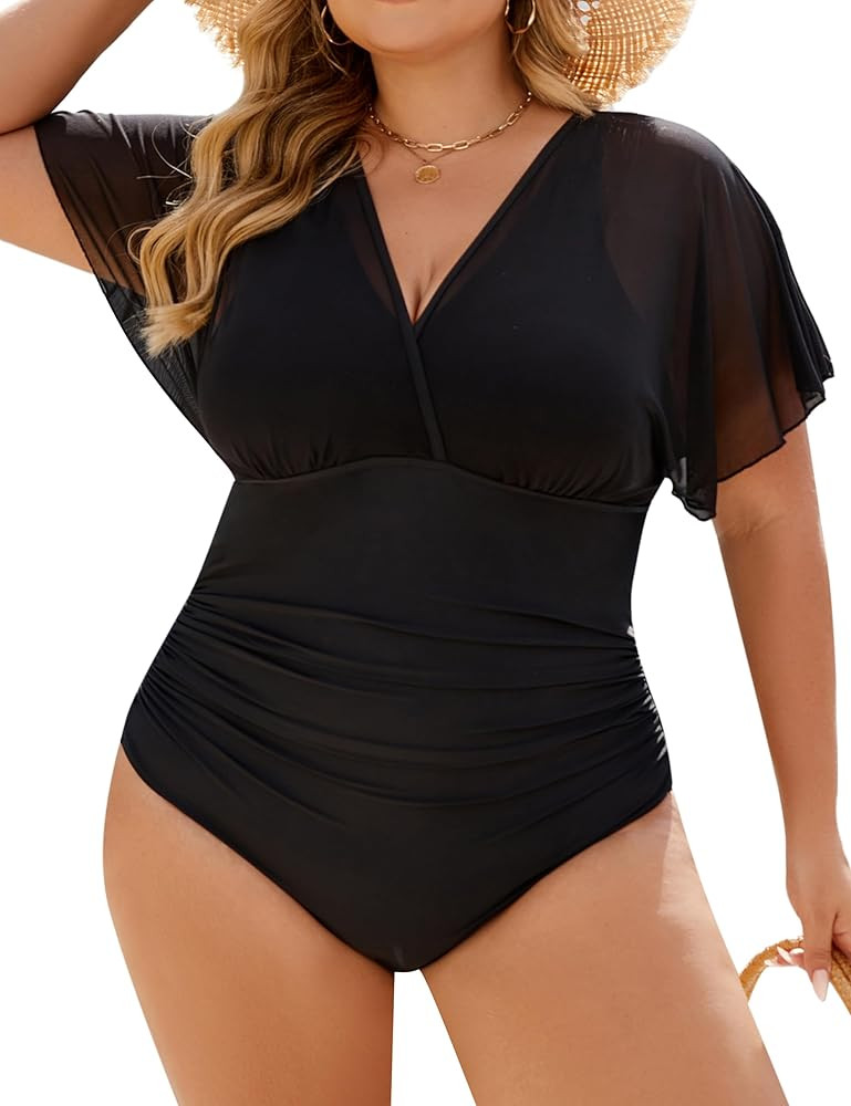 Blooming Jelly Women's Plus Size Swimsuit One Piece Bathing Suit Tummy Control Mesh V Neck Matern... | Amazon (US)