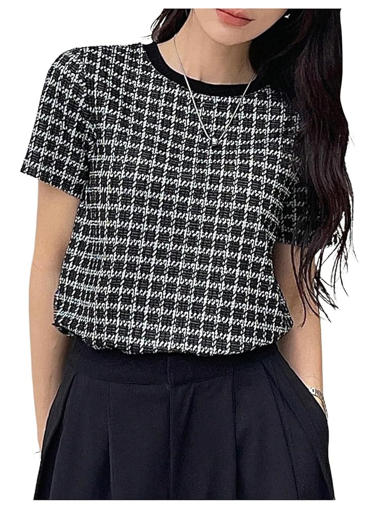 GORGLITTER Women's Plaid Print Tweed T Shirt Button Front Crew Neck Short Sleeve Tee Shirts | Amazon (US)