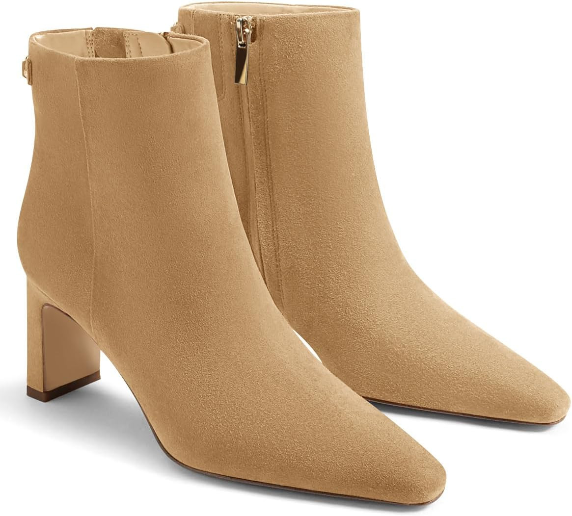 Coutgo Womens Ankle Boots Chunky Heel Closed Toe Booties Side Zipper Winter Dress Shoes | Amazon (US)