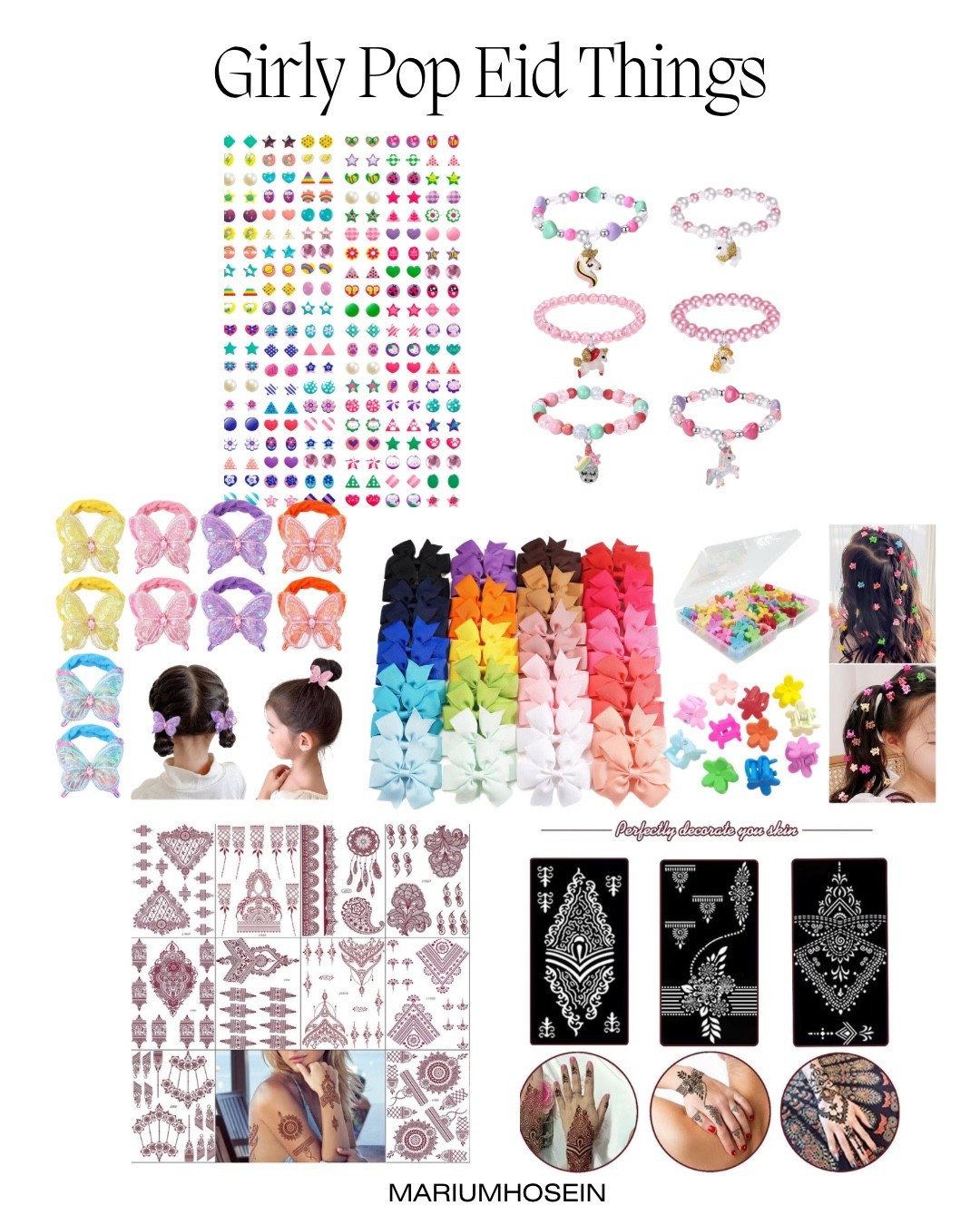 Some cute things for the girlys on eid. I love the henna stencils, as well as the tatoos. They wash so easily. Sticker earrings for the little ones and some cute clips and bows. 