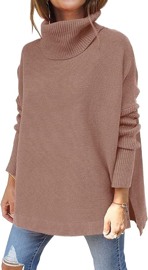 EFAN Women's Turtleneck Fall Sweaters Oversized Long Batwing Sleeve Spilt Hem Casual Asymmetric P... | Amazon (US)