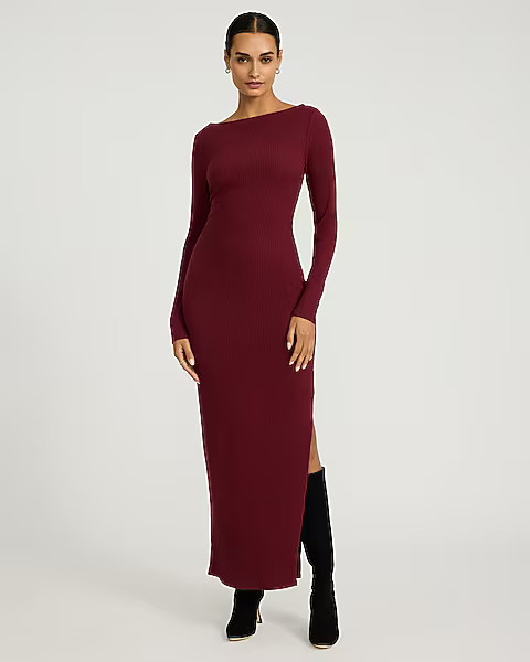 Ribbed Knit Boat Neck Long Sleeve Maxi Sheath Dress | Express
