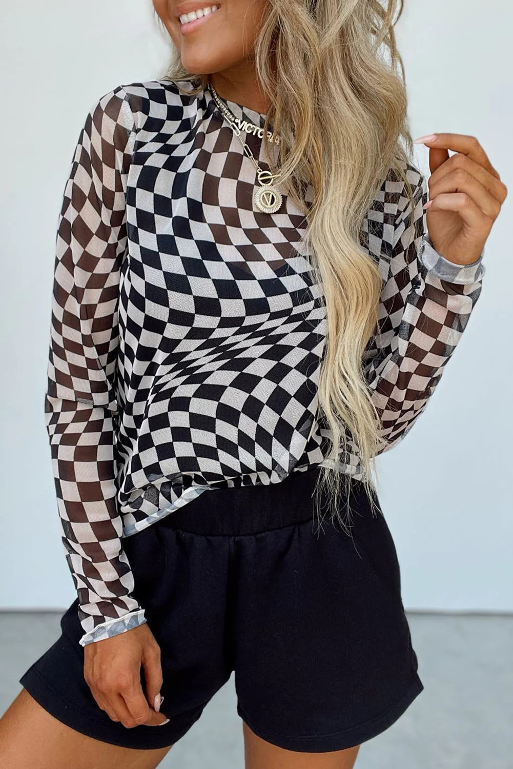 Checkered Mock Neck Long Sleeve Blouse Black / L | Casual Chic Boutique