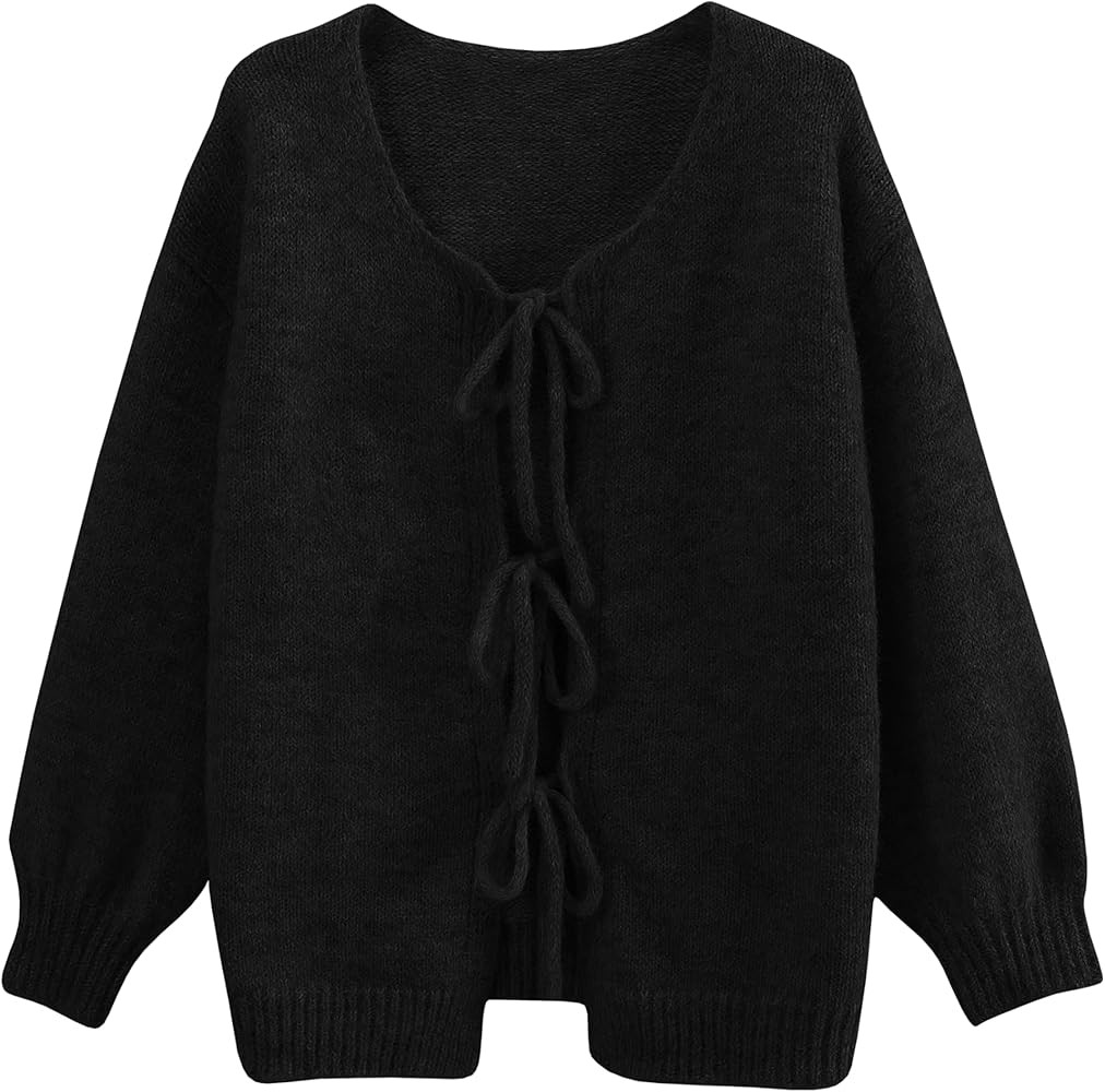 Lumister Cute Oversized Cardigan Sweaters for Women Y2K Long Sleeve V Neck Bow Tie Front Cadigan ... | Amazon (US)