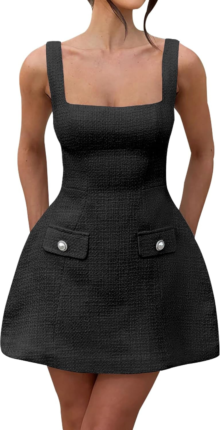 Women's Tweed Sleeveless Square Neck Backless Tank Dress | Amazon (US)