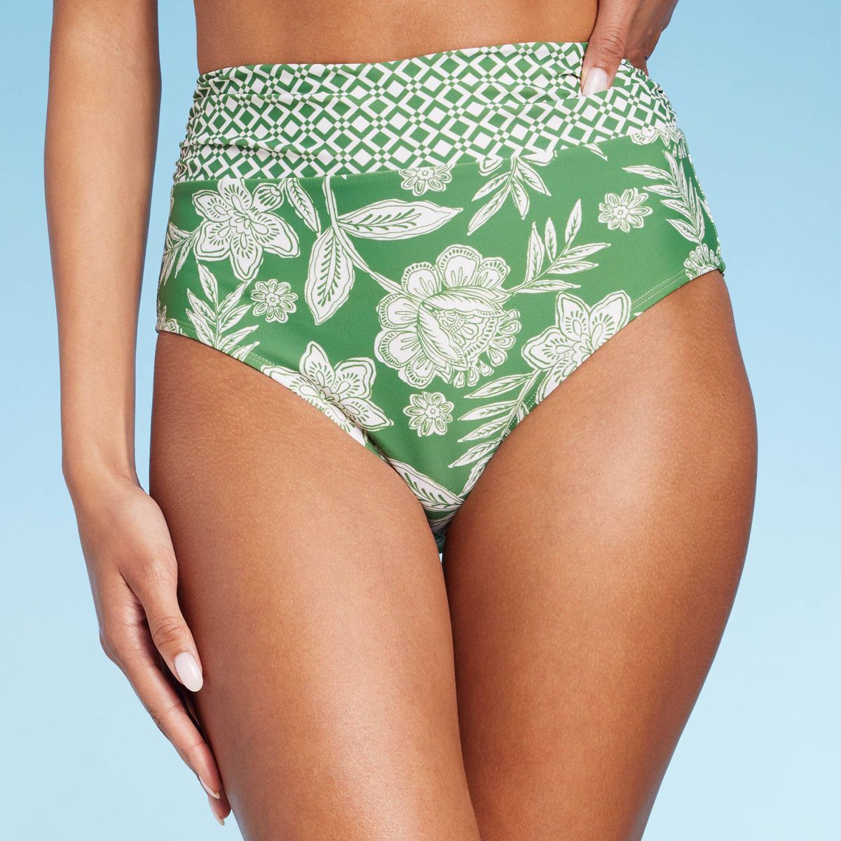 Women's Shirred High Waist Full Coverage Bikini Bottom - Shade & Shore™ Green Floral Print | Target