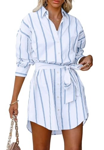 CHARTOU Women Summer Causal Stripe Tunic Dress Loose Button Down Shirt Short Dress with Belt | Amazon (US)
