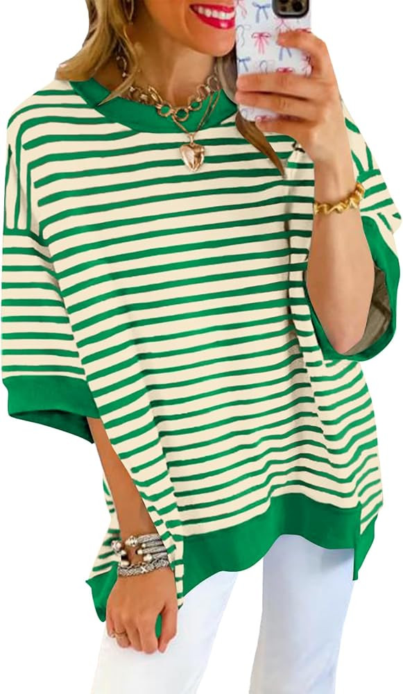 Poetsky Womens Oversized Tops Casual Short Sleeve Striped Shirts Summer Crewneck Pullover Sweatsh... | Amazon (US)