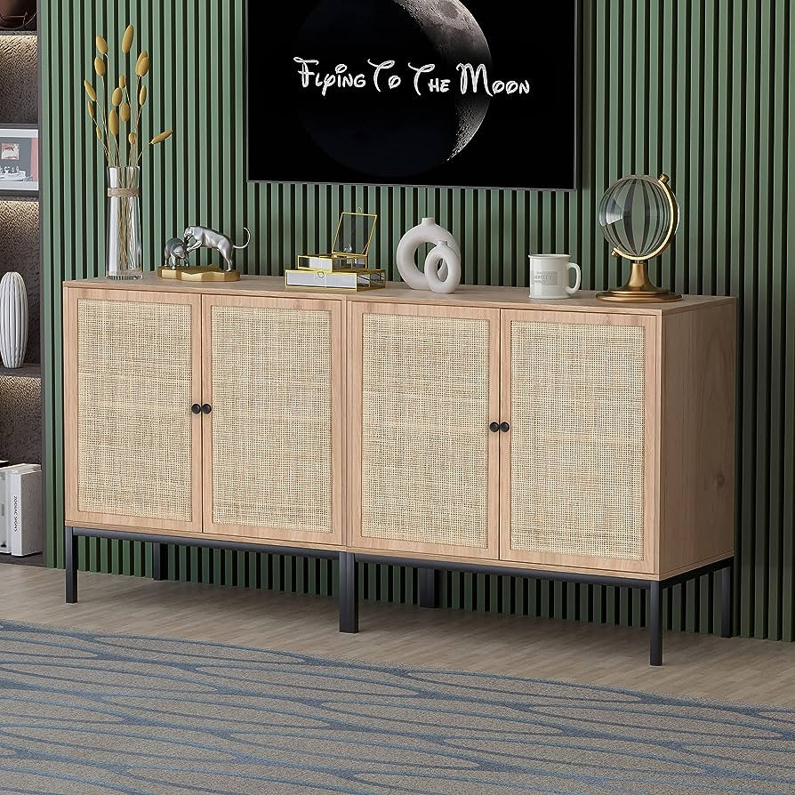 Yechen Set of 2 Sideboard Storage Cabinet with Handmade Natural Rattan Doors, Rattan Cabinet Buff... | Amazon (US)