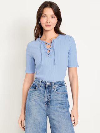 Short Sleeve Lace-Front Top | Old Navy (US)