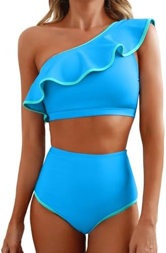 Women's One Shoulder Bikini Sets Ruffle Hem High Waisted Swimsuits | Amazon (US)