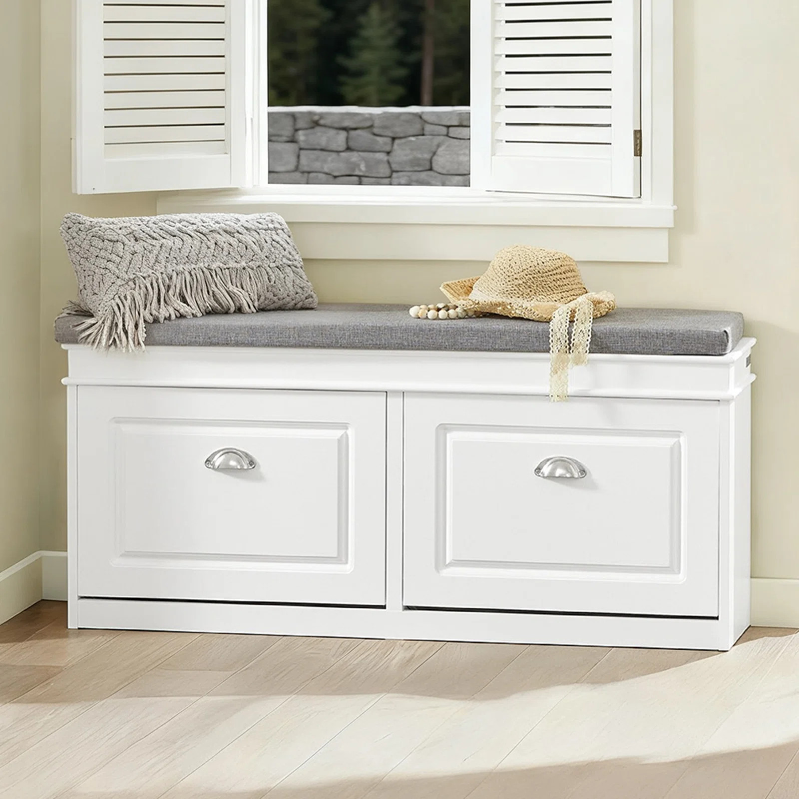 White Narrow Shoe Bench with Flip Drawers and Cushioned Seat, Entryway Storage Bench with Hidden Shoe Organizer,for Hallway,40.9"W X 9.4"D X 20"H | Wayfair North America