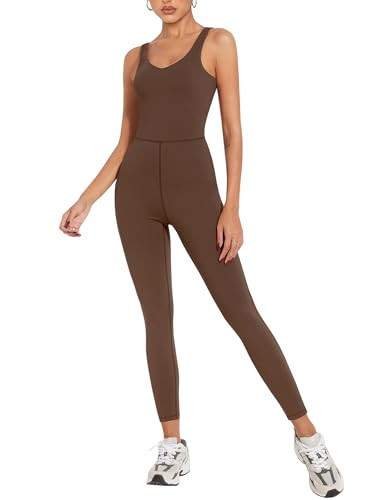 Zattcas One Piece Unitard Athletic Yoga Workout Jumpsuits For Women Summer Sleeveless V Neck Gym Romper Pants Full Length Workout Bodysuit Onesie Brown S | Amazon (US)