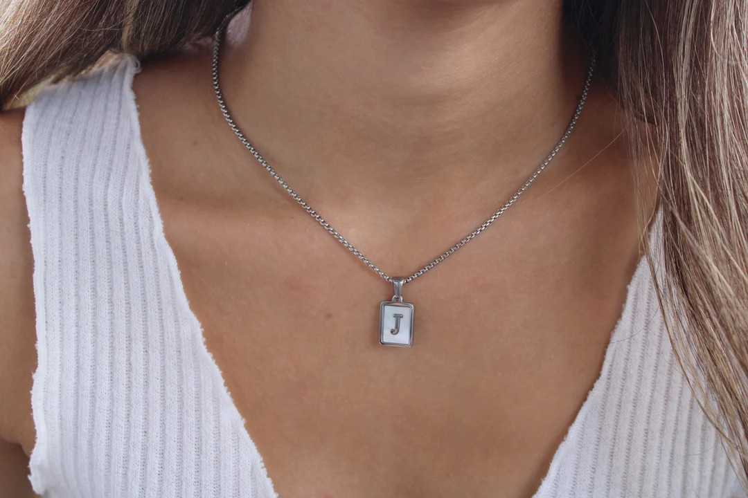 Silver Mother of Pearl Initial Letter Necklace, WATERPROOF Necklace Square Alphabet Rectangle Med... | Etsy (US)