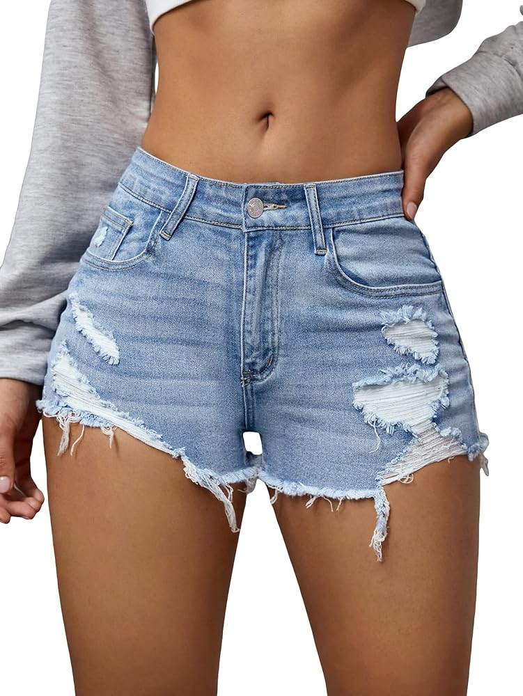 COZYEASE Women's Ripped Raw Trim Denim Shorts Plain Zipper Fly Straight Leg Jean Shorts | Amazon (US)
