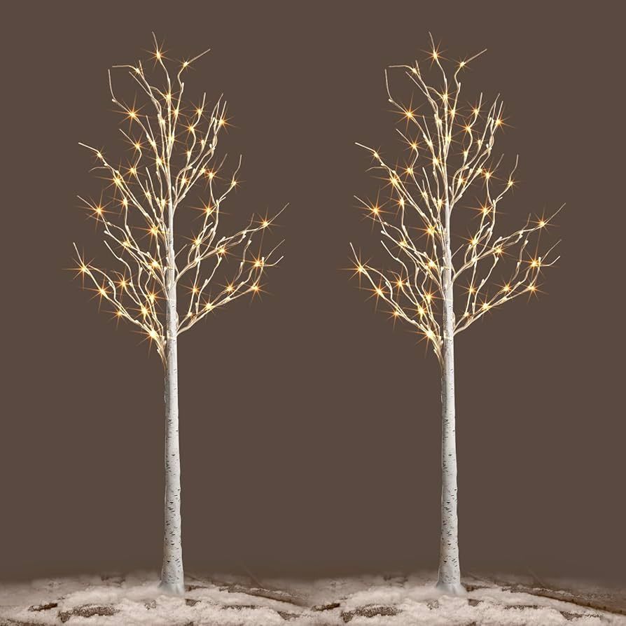 Lighted Birch Tree, 2 Pack 6 Feet 144 Warm White Lights, Prelit White Artificial Christmas Trees ... | Amazon (US)