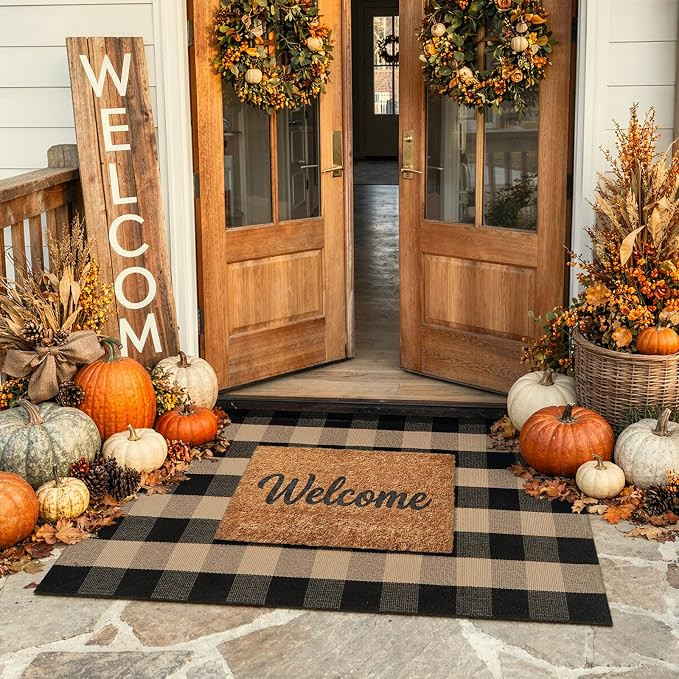 KIMODE Front Door Mat Outside Entrance Fall Front Porch Rug Welcome Decor | Black and Tan,Checker... | Amazon (CA)