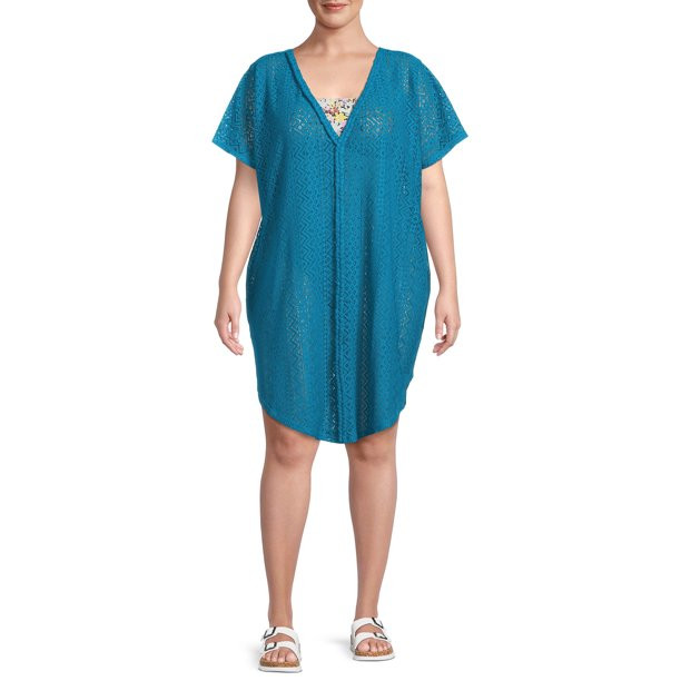 Time and Tru Women's and Women's Plus V-Neck Wavy Side Shirt Cover Up - Walmart.com | Walmart (US)