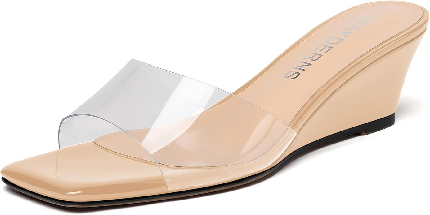 WAYDERNS Women's PVC Clear Solid Sexy Square Toe Slip On Party Wedge Low Heel Heeled Sandals 2 In... | Amazon (US)