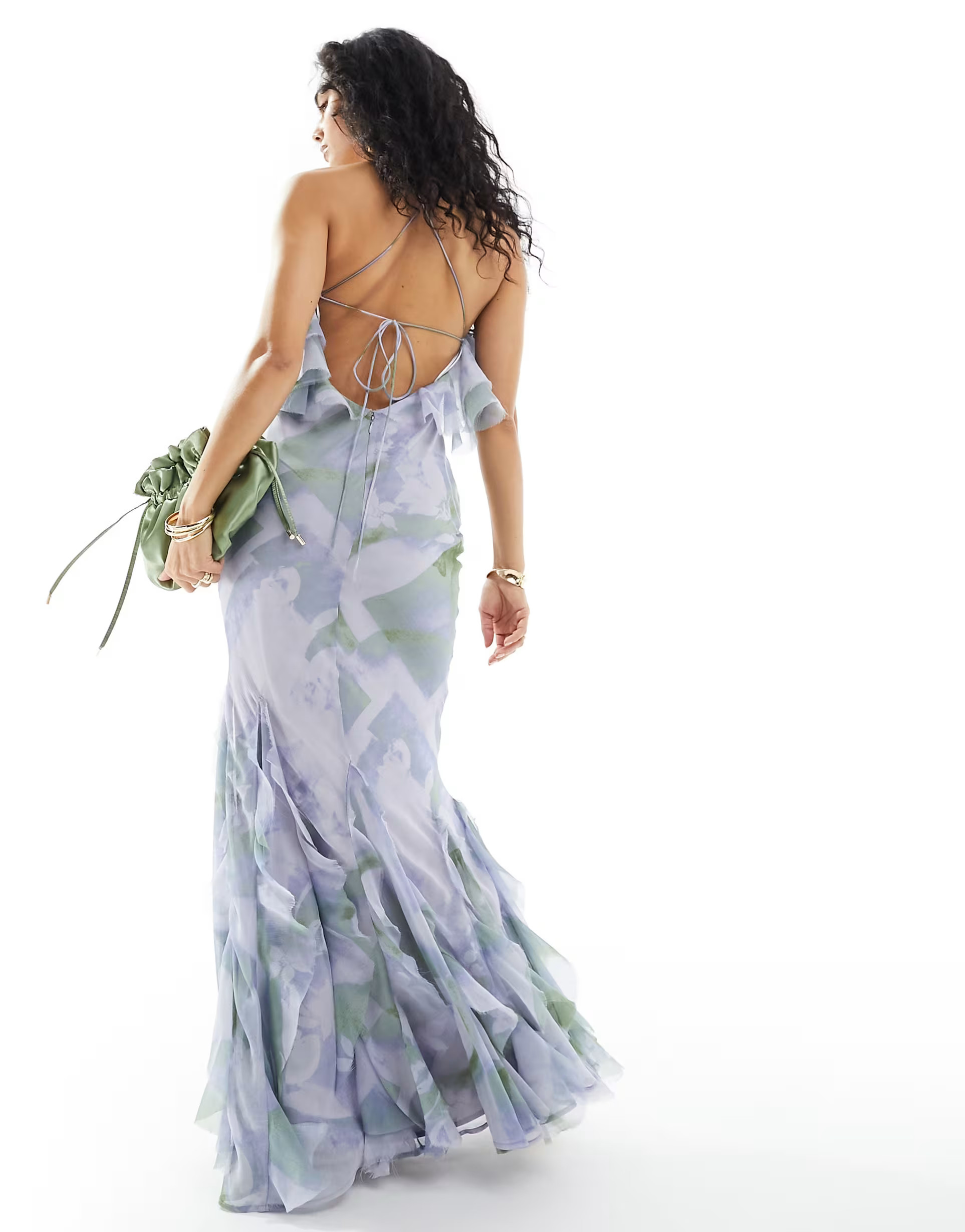 ASOS DESIGN ruffle halter bias maxi dress with ruffle hem in soft floral print | ASOS (Global)