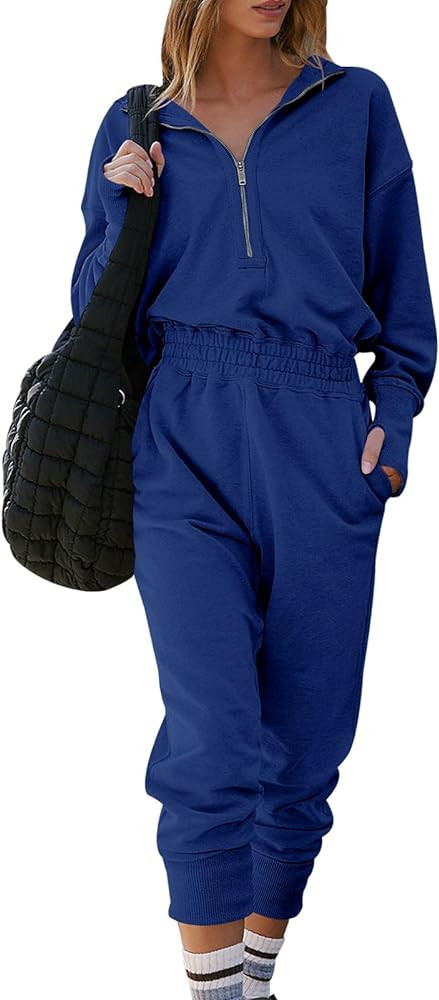 Ugerlov Women's One Piece Jumpsuits Elastic Waist Overalls Drawstring Hooded Onesie Zip Up Long S... | Amazon (US)