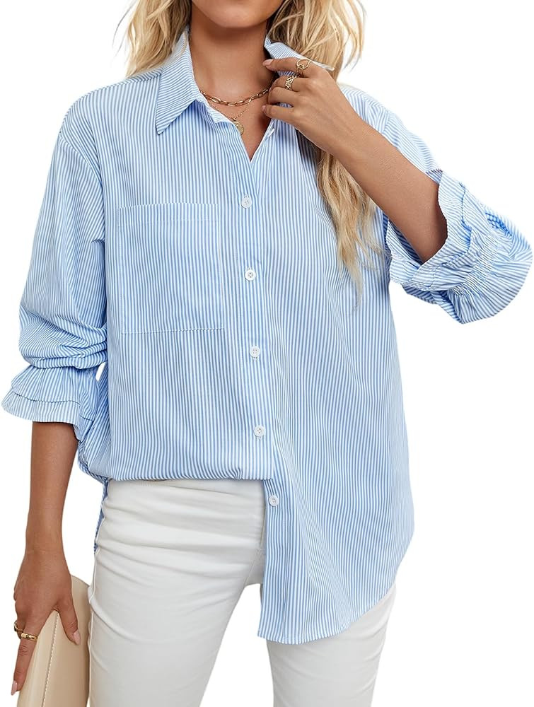 WHO in Shop Women's Striped Button Down Shirts 2025 Smocked Cuffed Boyfriend Shirt Long Puff Slee... | Amazon (US)