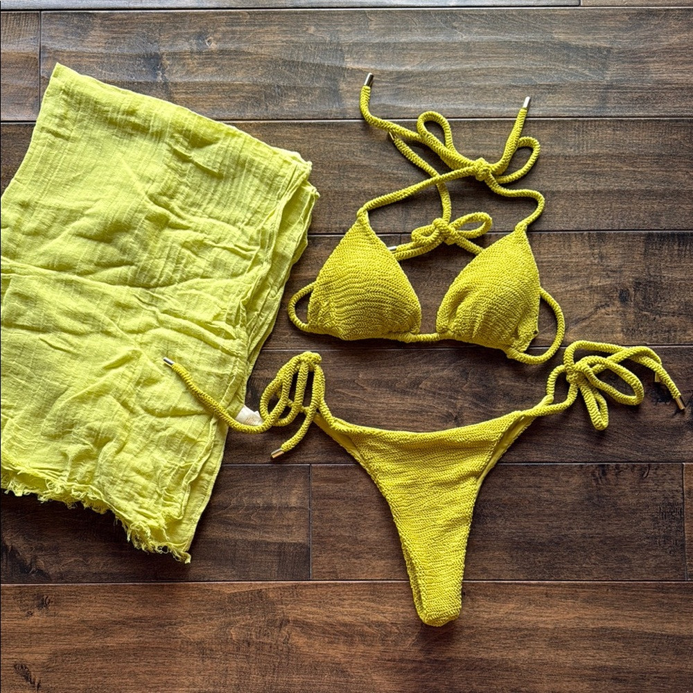 Monday Swimwear Yellow Textured Triangle Bikini Set | Poshmark