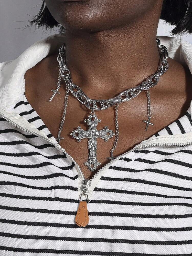 1pc Punk Metal Thick Chain Cross Necklace, For Daily Wear By Women | SHEIN