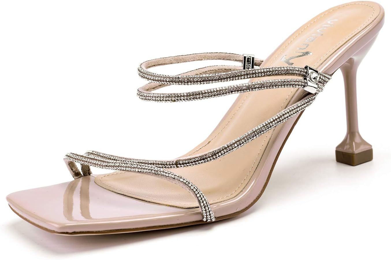vivianly Women's Rhinestone Strappy Heel Square Open Toe Slide Sandals Party Wedding Shoes | Amazon (US)