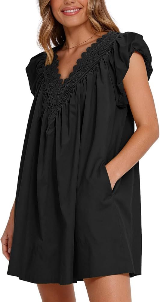 Senllen Cotton Summer Dresses for Women 2026 A Line Puff Short Sleeve V Neck Casual Babydoll Boho... | Amazon (US)