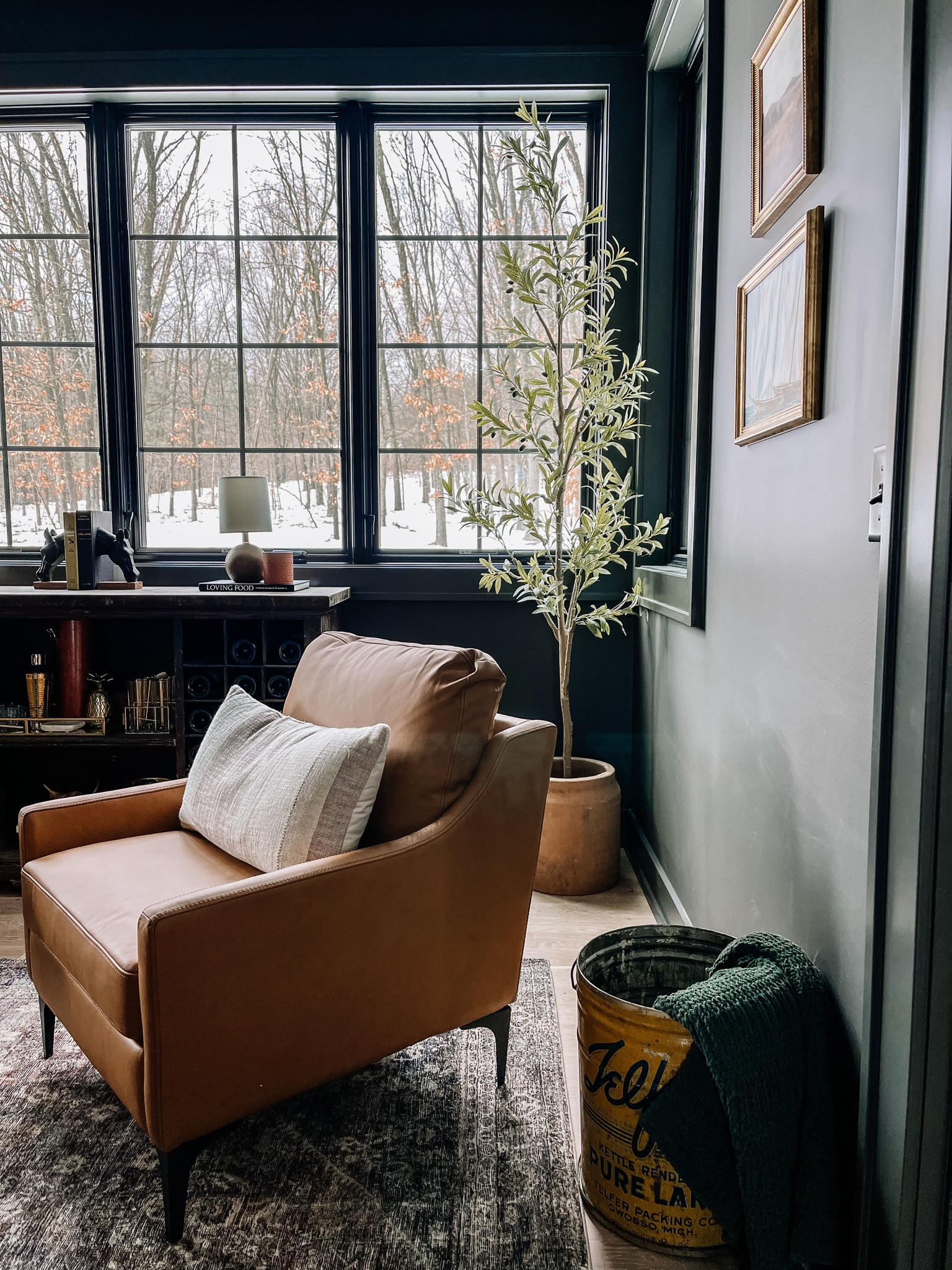 Wine room, cocktail room, leather chair, olive tree, rug, throw pillow, art 

#LTKhome